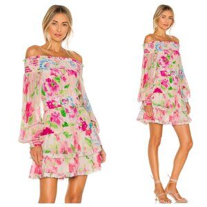NWT Rococo Sand Alora Pink Floral Shirred Off Shoulder Long Sleeve Mini Dress